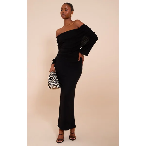 Noir Robe Maxi Bardot Texturée À Revers