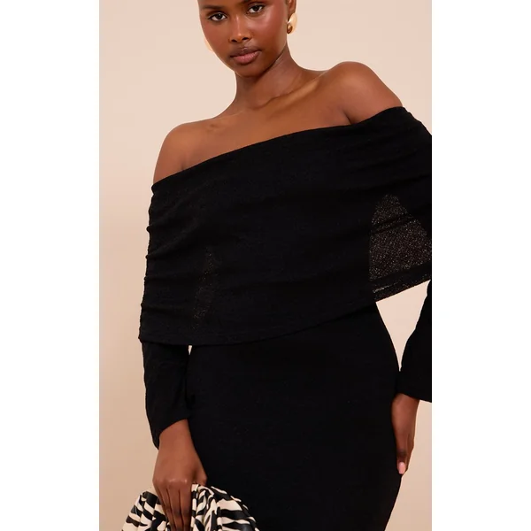 Noir Robe Maxi Bardot Texturée À Revers