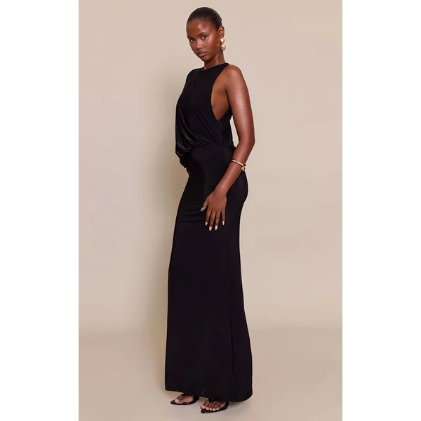 Noir Robe Maxi Décontractée Asymétrique En Tissu Soyeux