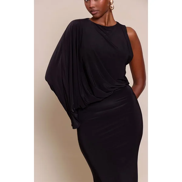 Noir Robe Maxi Décontractée Asymétrique En Tissu Soyeux