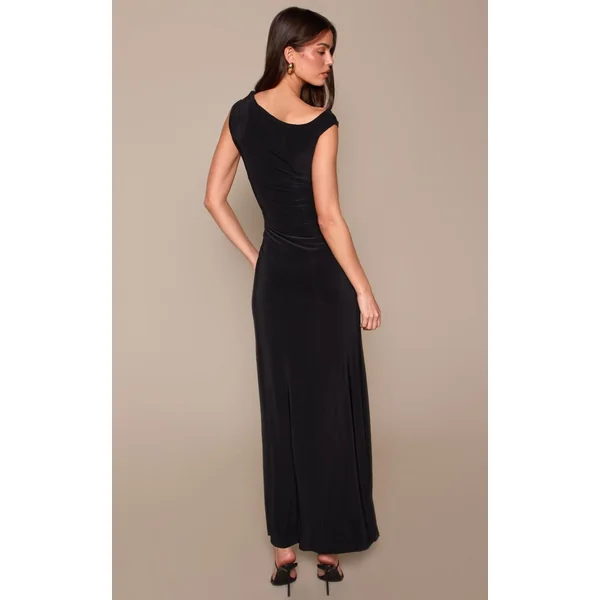 Noir Robe Maxi Moulante Chocolat À Une Épaule Avec Détails De Bordure Dorée