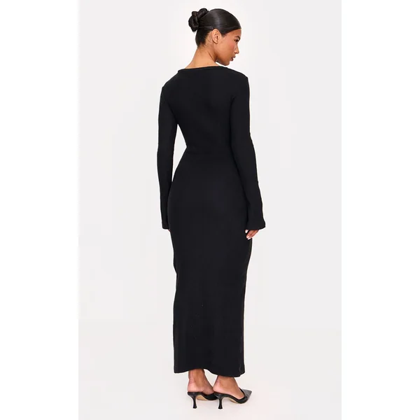 Noir Robe Maxi Portefeuille À Côtes Brossées Épaisses Avec Lien
