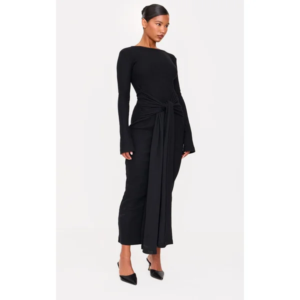 Noir Robe Maxi Portefeuille À Côtes Brossées Épaisses Avec Lien