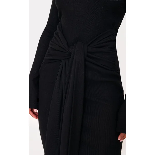 Noir Robe Maxi Portefeuille À Côtes Brossées Épaisses Avec Lien