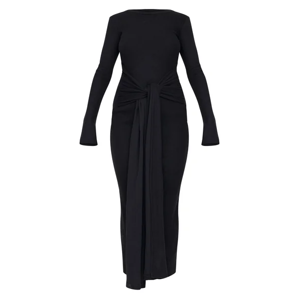 Noir Robe Maxi Portefeuille À Côtes Brossées Épaisses Avec Lien