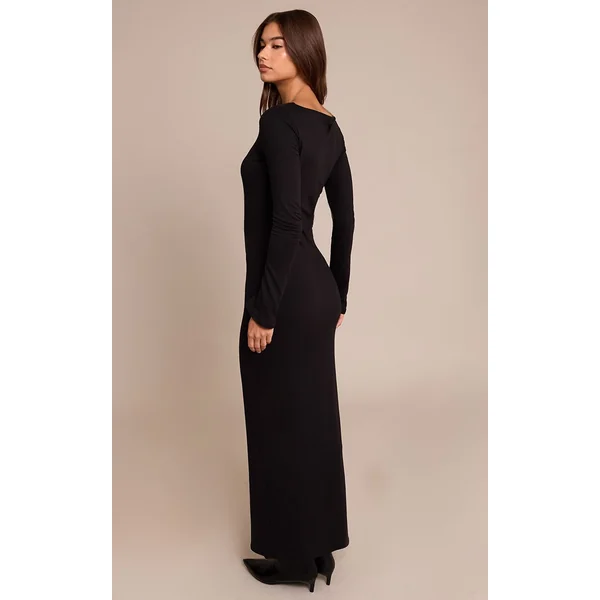 Noir Robe Maxi À Manches Longues En Jersey Doux Au Toucher