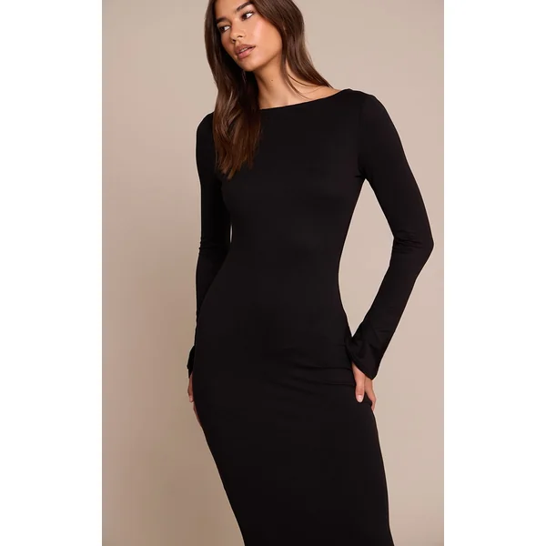 Noir Robe Maxi À Manches Longues En Jersey Doux Au Toucher