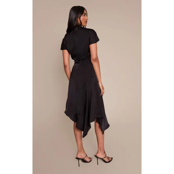 Noir Robe Mi-longue En Satin Drapé À Ourlet Mouchoir Asymétrique