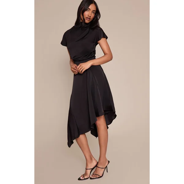 Noir Robe Mi-longue En Satin Drapé À Ourlet Mouchoir Asymétrique
