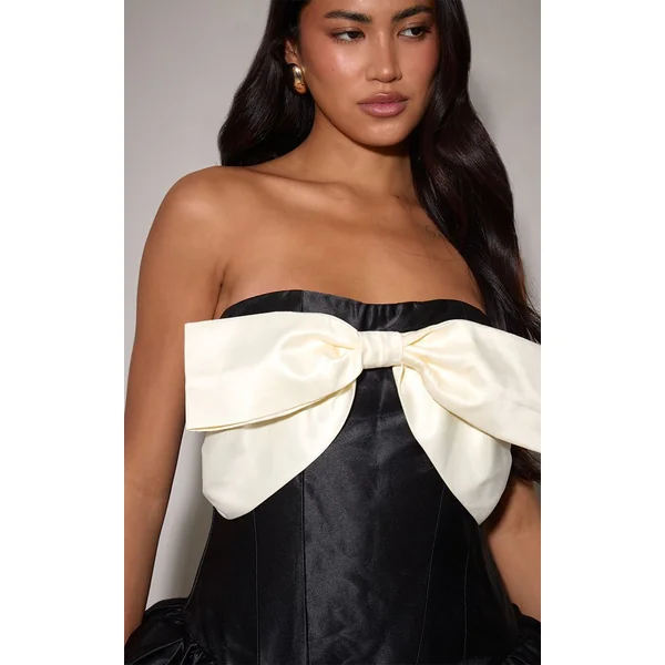Noir Robe Mini Bouffante Bandeau Avec Nœud En Satin