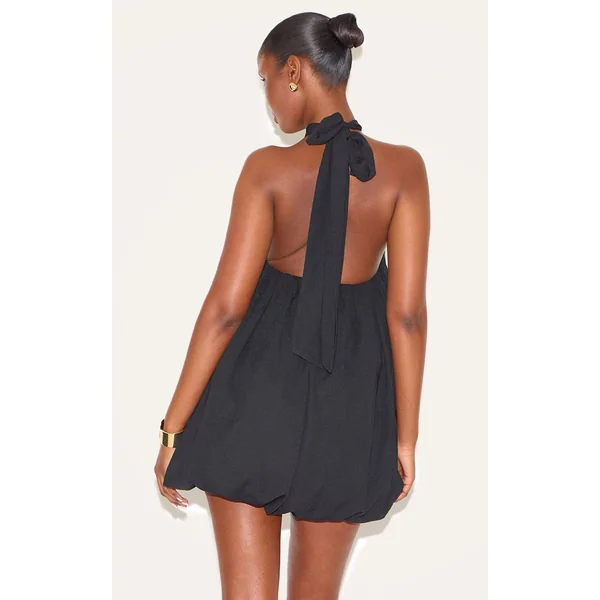 Noir Robe Mini Bouffante Imprimée À Col Licou