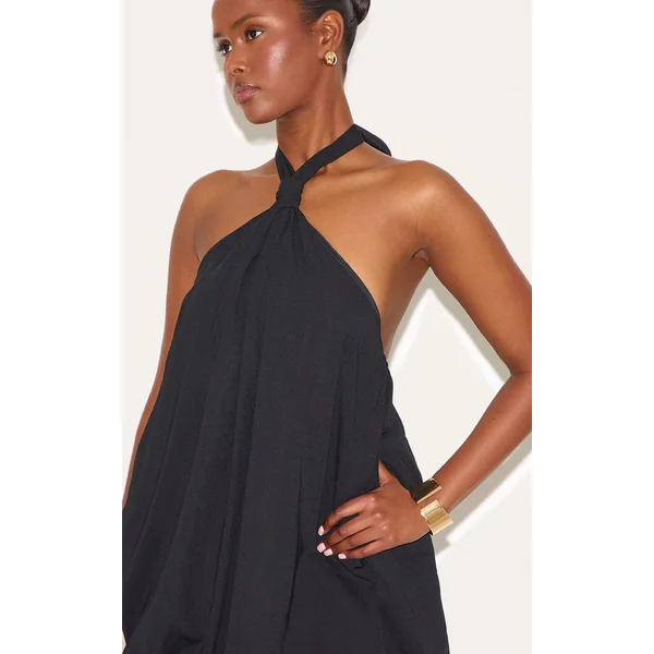 Noir Robe Mini Bouffante Imprimée À Col Licou