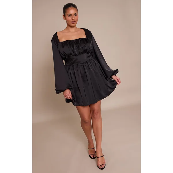 Noir Robe Mini Grande Taille En Satin À Bonnets Froncés Et Manches Bouffantes