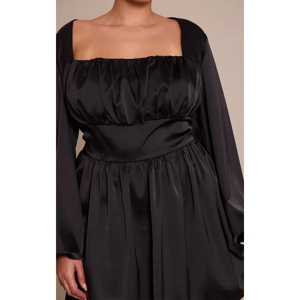 Noir Robe Mini Grande Taille En Satin À Bonnets Froncés Et Manches Bouffantes