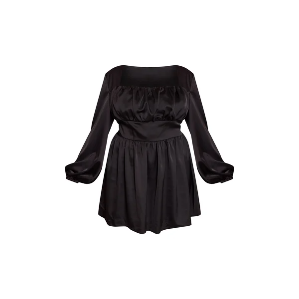 Noir Robe Mini Grande Taille En Satin À Bonnets Froncés Et Manches Bouffantes