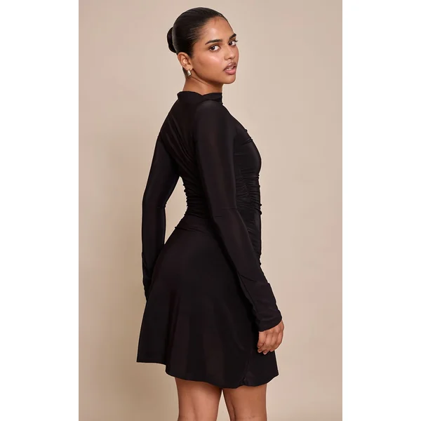 Noir Robe Mini Moulante À Manches Longues Petite
