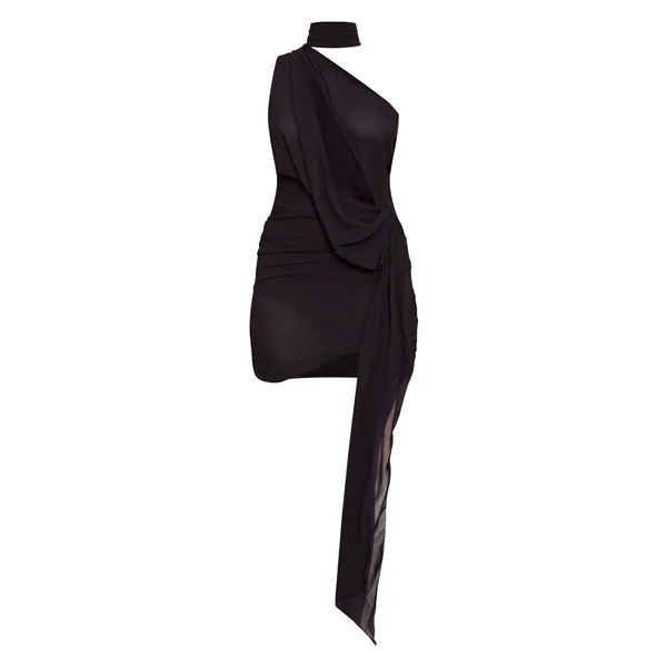 Noir Robe Moulante Drapée Asymétrique En Mousseline Transparente Avec Détails Froncés