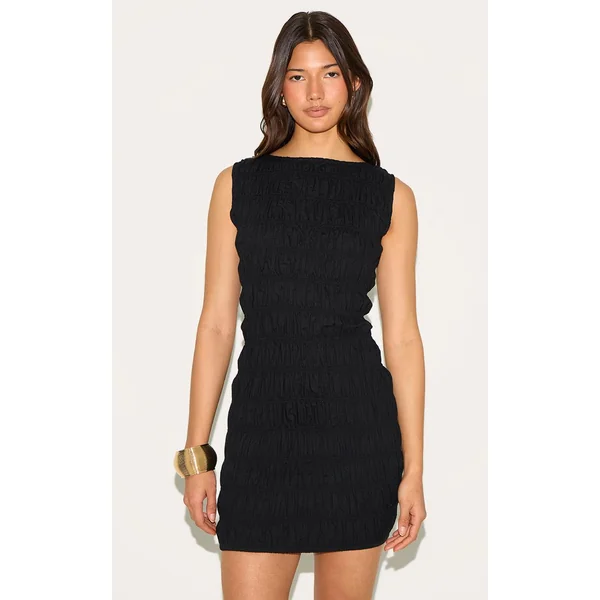Noir Robe Moulante Froncée À Encolure Bateau