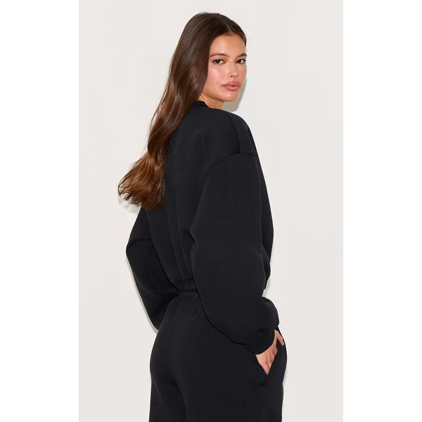 Noir Sweat-shirt Court Zippé Avec Cordon De Serrage À La Taille