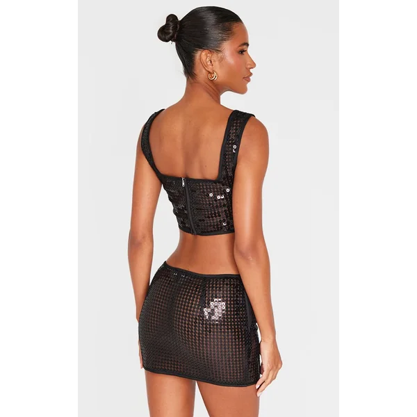 Noir Top Corset À Sequins Et Chaînes