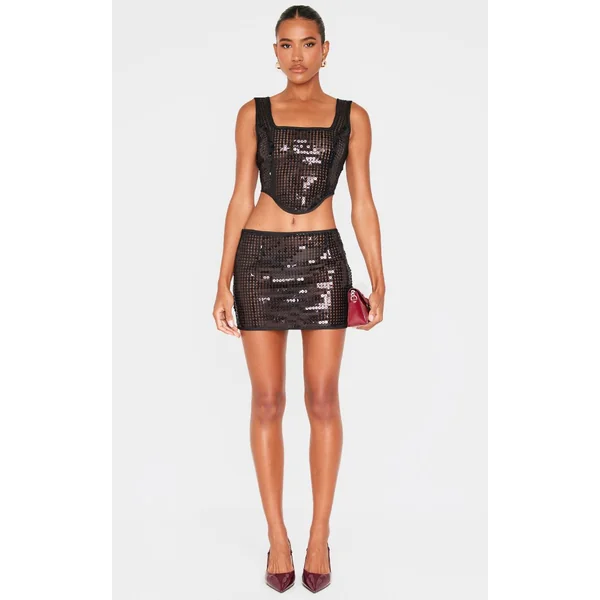 Noir Top Corset À Sequins Et Chaînes