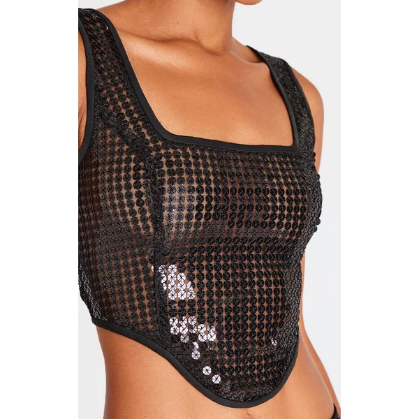 Noir Top Corset À Sequins Et Chaînes