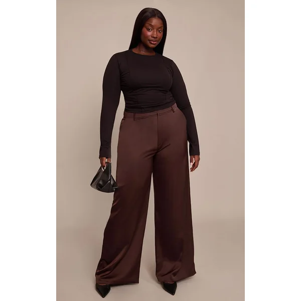 Noir Top Grande Taille Manches Longues En Coton Avec Détails De Coutures Coordonné