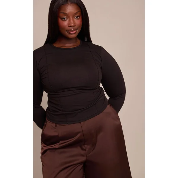 Noir Top Grande Taille Manches Longues En Coton Avec Détails De Coutures Coordonné