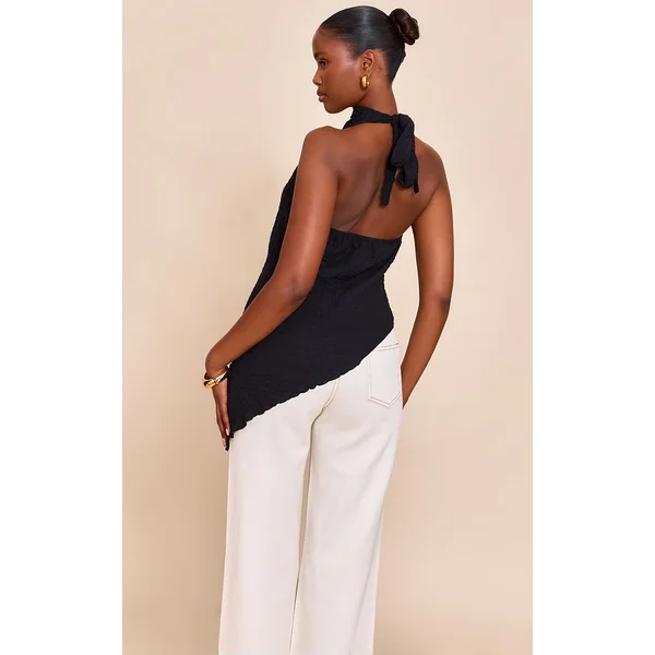 Noir Top Long Texturé À Col Montant Avec Ourlet Asymétrique