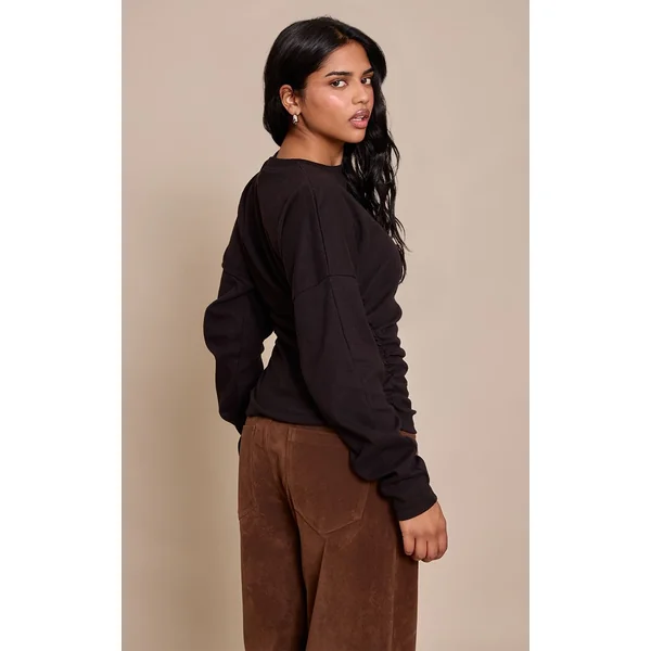 Noir Top Petite À Manches Longues Avec Taille Froncée