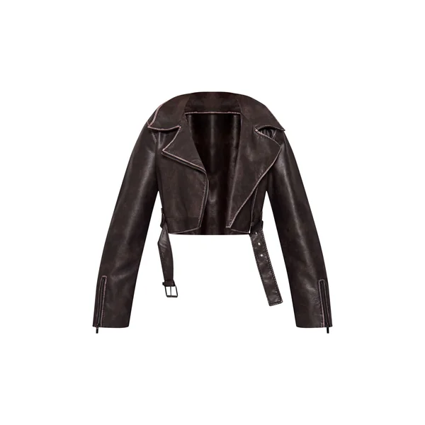 Noir Veste De Motard Courte En Synthétiquecuir Effet Vieilli Délavé