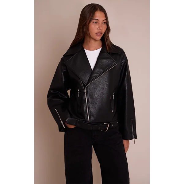 Noir Veste Style Motard Oversize En Synthétiquecuir