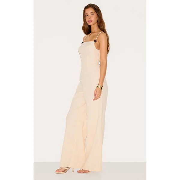 Non Coloré Combinaison-pantalon En Mélange De Lin À Encolure Droite Avec Détails De Perles