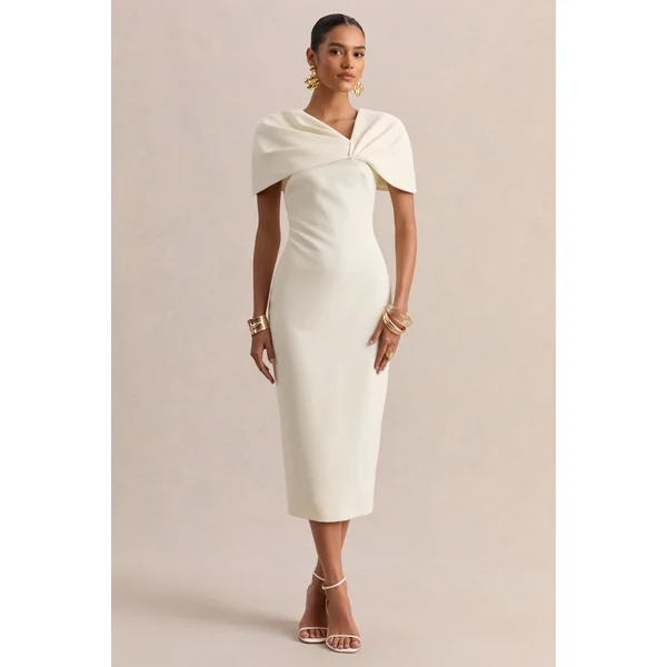 Novalie | Robe mi-longue crème à décolleté en V avec détail torsadé