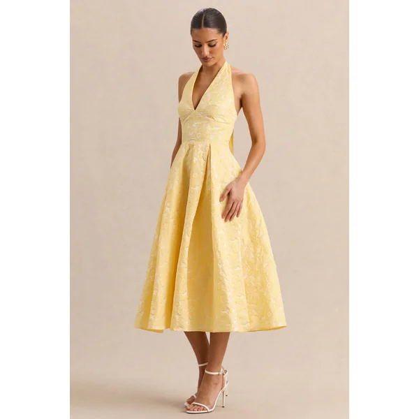 Nyomi | Robe mi-longue en satin citron à encolure dos nu