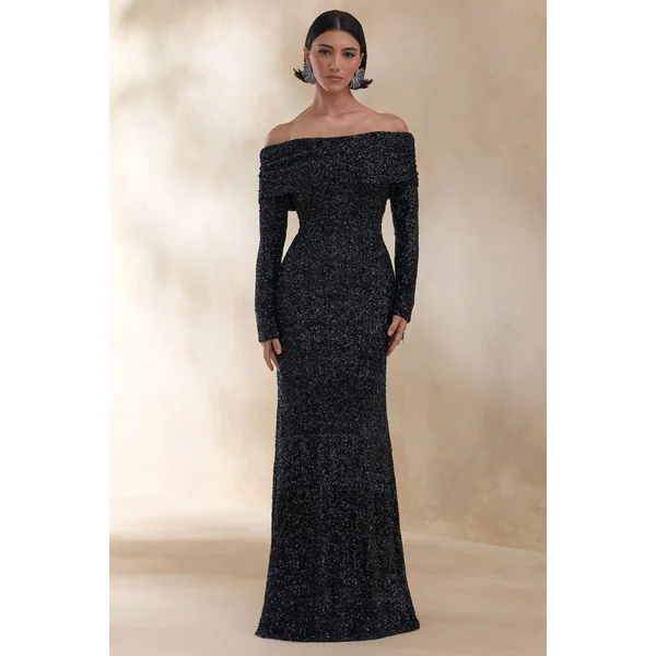 Obsession | Robe longue bardot en sequins noirs avec manches longues