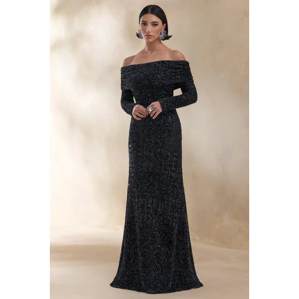 Obsession | Robe longue bardot en sequins noirs avec manches longues