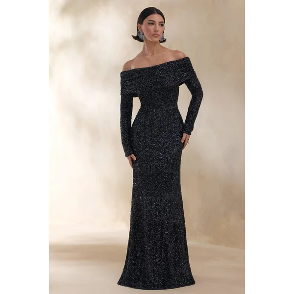 Obsession | Robe longue bardot en sequins noirs avec manches longues