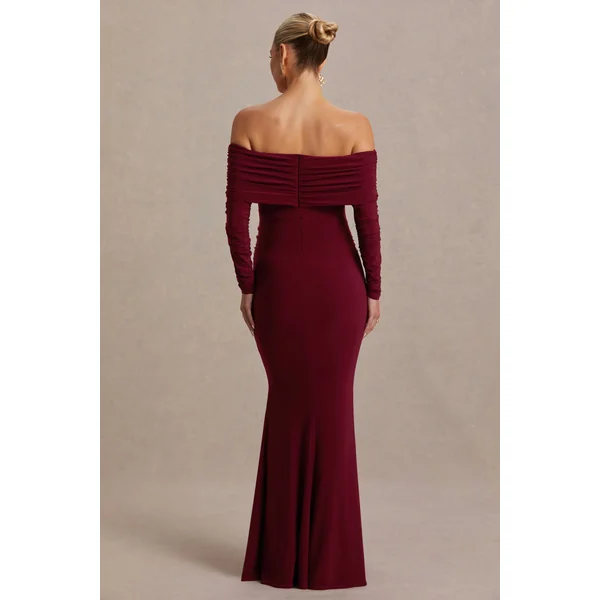 Odessa | Robe longue de maternité couleur baie à encolure bardot et détails froncés
