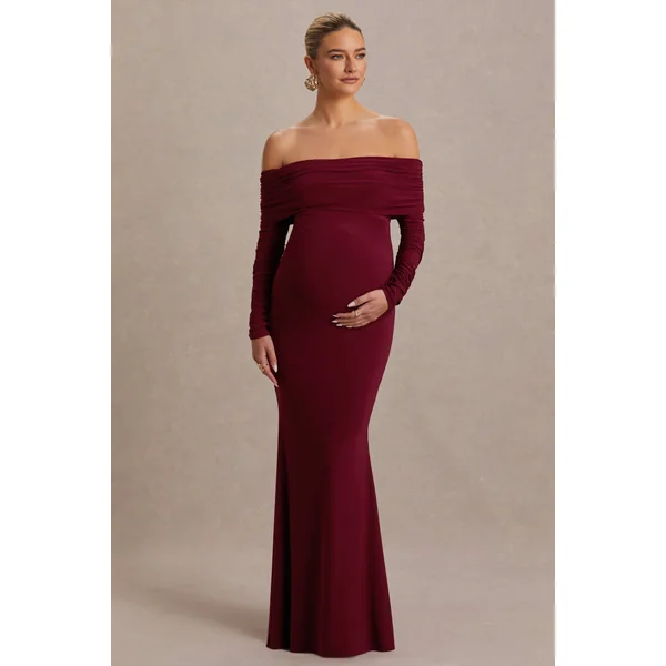 Odessa | Robe longue de maternité couleur baie à encolure bardot et détails froncés