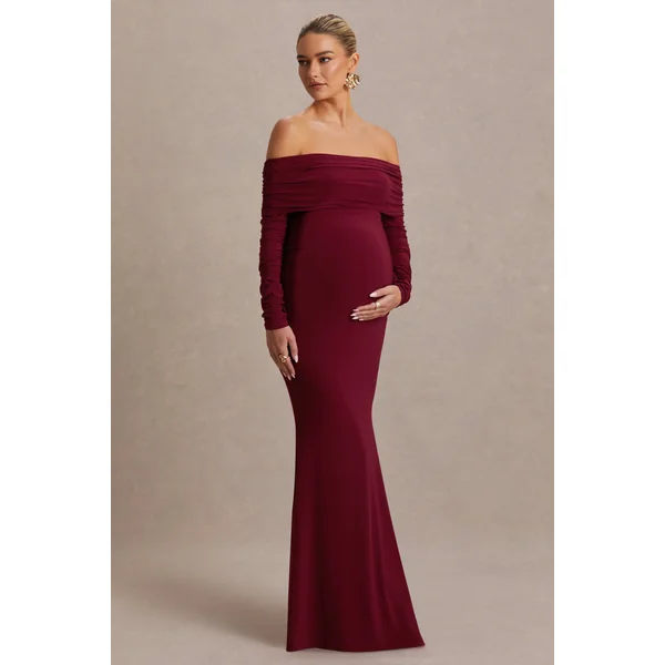 Odessa | Robe longue de maternité couleur baie à encolure bardot et détails froncés