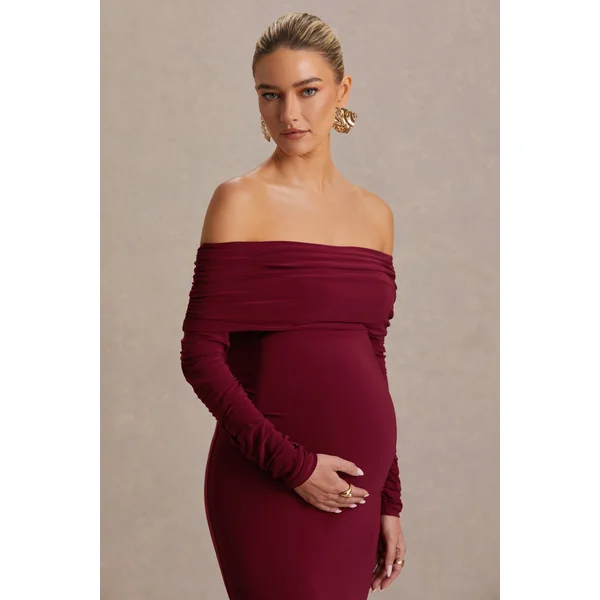 Odessa | Robe longue de maternité couleur baie à encolure bardot et détails froncés