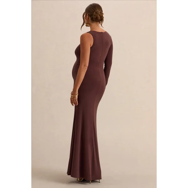 Oh Baby | Robe longue de grossesse marron moulante à une épaule