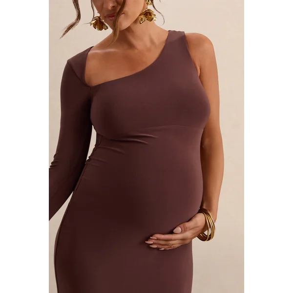 Oh Baby | Robe longue de grossesse marron moulante à une épaule