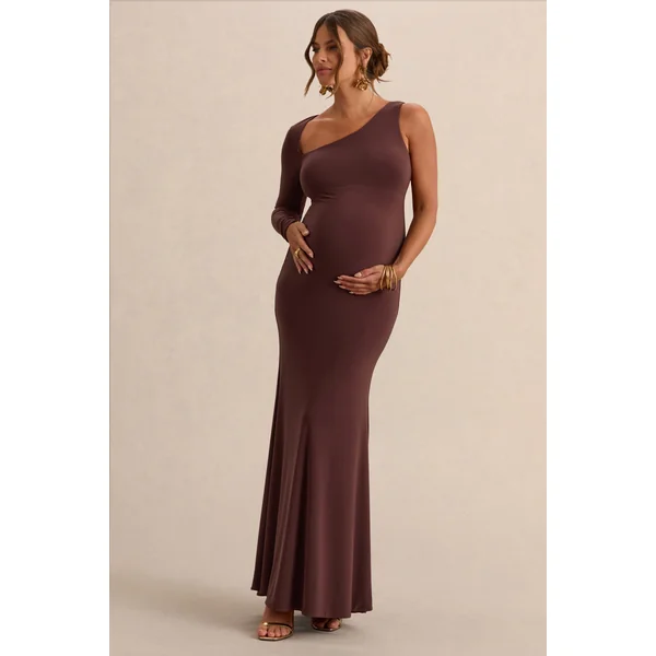 Oh Baby | Robe longue de grossesse marron moulante à une épaule