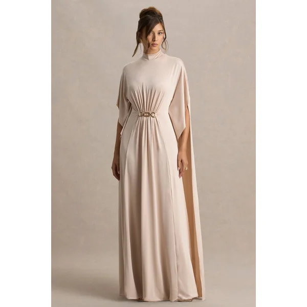 Olessia | Robe longue à Manches Cape Froncées avec Ceinture en Champagne