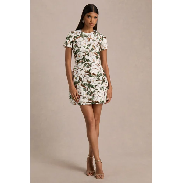 Ophelia | Mini-robe en sequins floraux blancs et verts avec empiècement en mesh et manches courtes