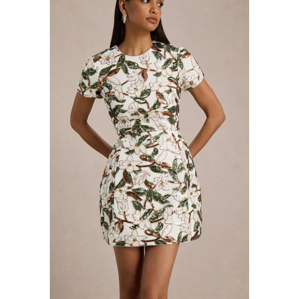 Ophelia | Mini-robe en sequins floraux blancs et verts avec empiècement en mesh et manches courtes