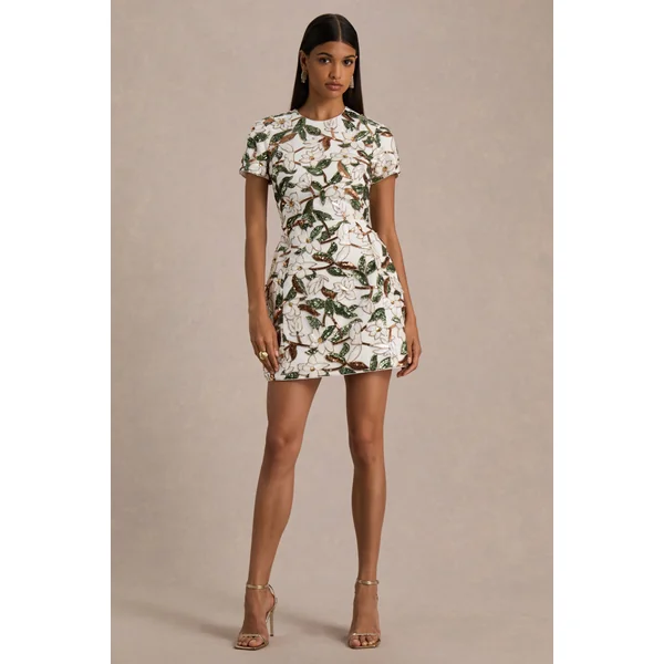 Ophelia | Mini-robe en sequins floraux blancs et verts avec empiècement en mesh et manches courtes
