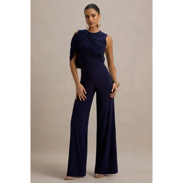 Opulence | Combinaison bleu marine avec manches cape et détails drapés